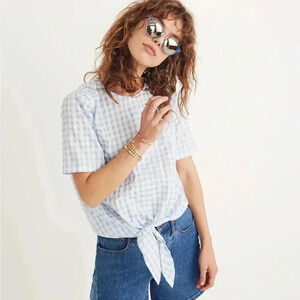 EUC Madewell Gingham Cottage Prairie Coastal Modest Top Check Blue White Size XS